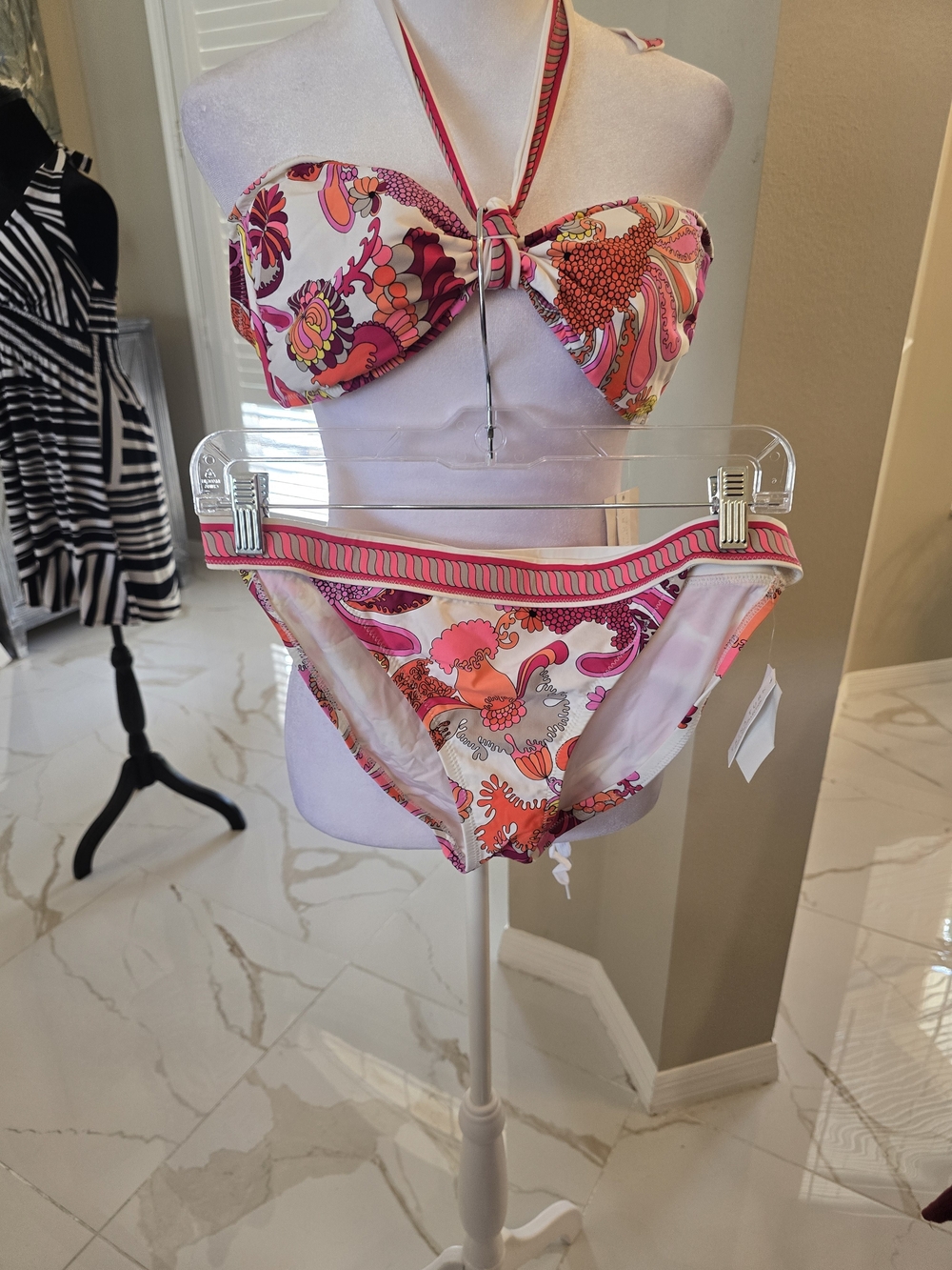 Trina Turk Pink and Orange Floral Bandeau Bikini with Removable Halter